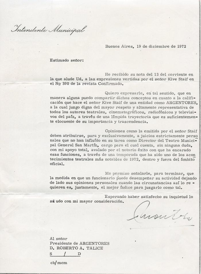 Carta a Roberto Tálice.