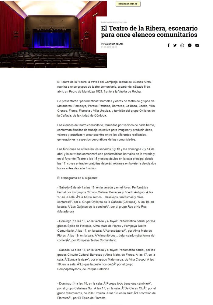 Gacetilla: Teatro Comunitario   