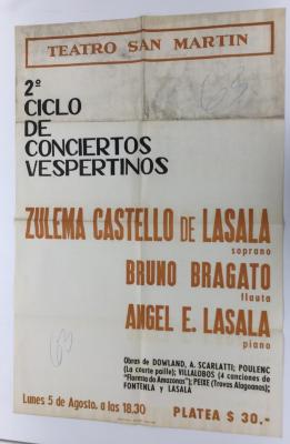 Segundo Ciclo de conciertos Vespertinos - Zulema Castello de Lasala, Bruno Bragato, Angel E. Lasala. 
