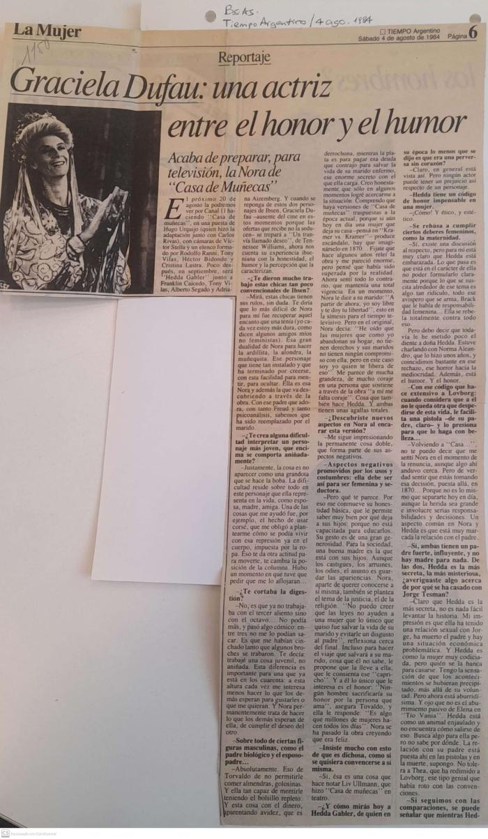 Prensa: Graciela Dufau: Una actriz entre el honor y el humor. 