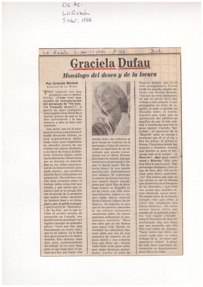 Prensa: Graciela Dufau. Monólogo del deseo y de la locura. 