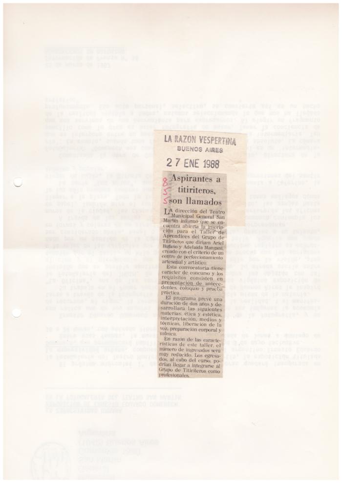 Prensa: Aspirantes a titiriteros, son llamados. 